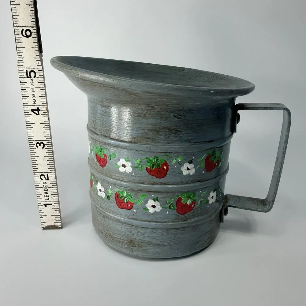 Handpainted Blue Strawberry Blossoms Metal Measuring Cup Planter Vase 6